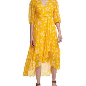 Calvin Klein Yellow Surplice Neckline Tea-Length Cocktail Dress